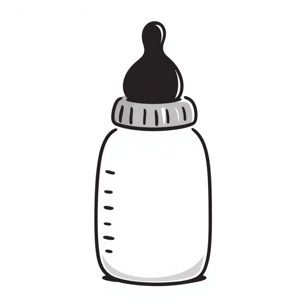 a baby bottle with a cap and nipple, pastel colors dd9fb0, ffc6d3, a3bfc9, c4bee2, f1b091, detailed hand-drawn doodle style emoji