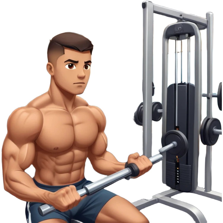 A focused athlete working out on a strength training machine in a modern gym. Muscles engaged, expression determined, demonstrating power and endurance. The gym is filled with equipment like dumbbells, barbells, and mirrors reflecting effort, creating a high-energy atmosphere. emoji
