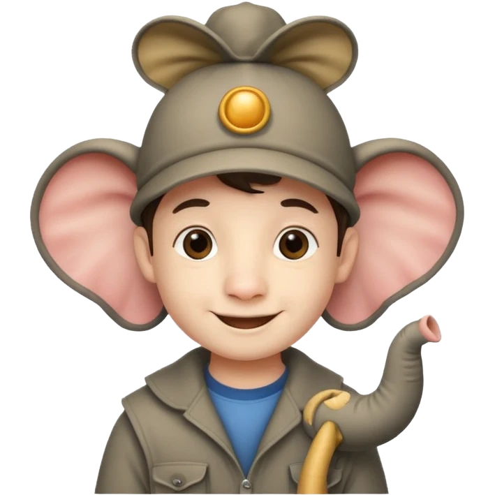 A boy that has a elephant hat that has a trunk emoji