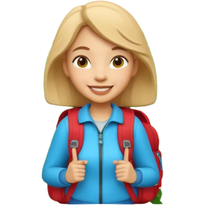 A 3D cartoon woman with a backpack smiling outdoors, surrounded by greenery, Memoji-style realism. emoji