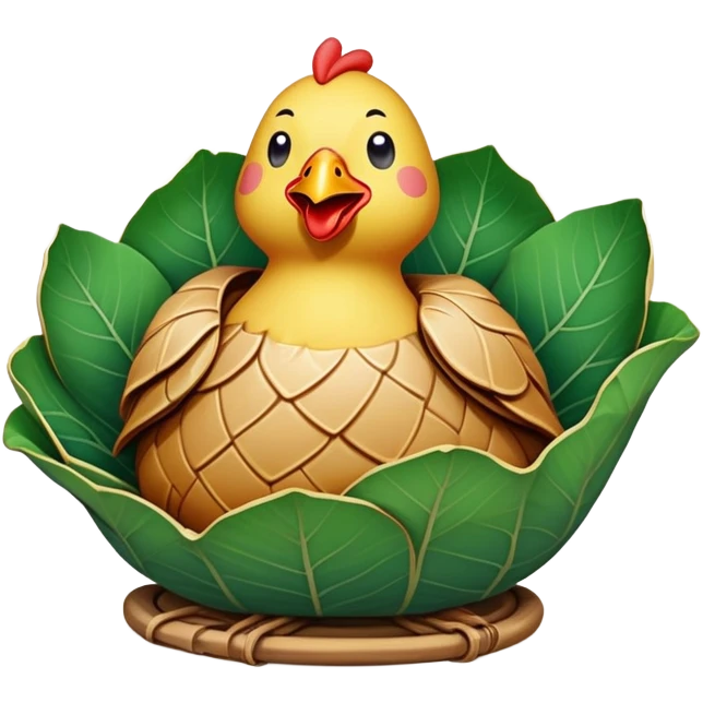 Beggar's Chicken wrapped in lotus leaf and clay, simplified emoji style with bold outlines and bright colors, cartoon style traditional Hangzhou dish before cracking emoji
