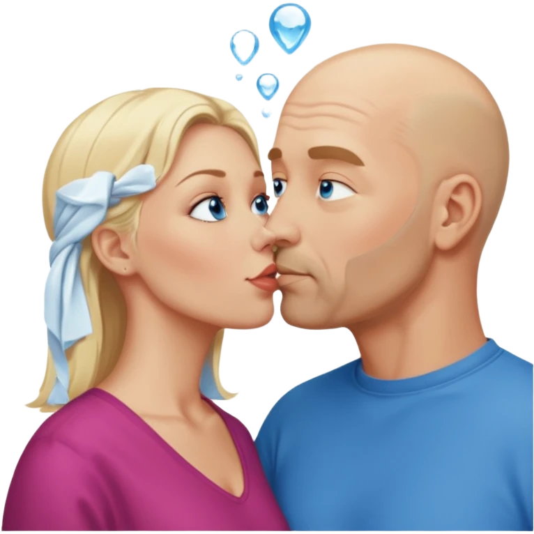 middle aged bald man with salt and blonde scruff, blue eyes and blonde woman with blue eyes kissing each other emoji