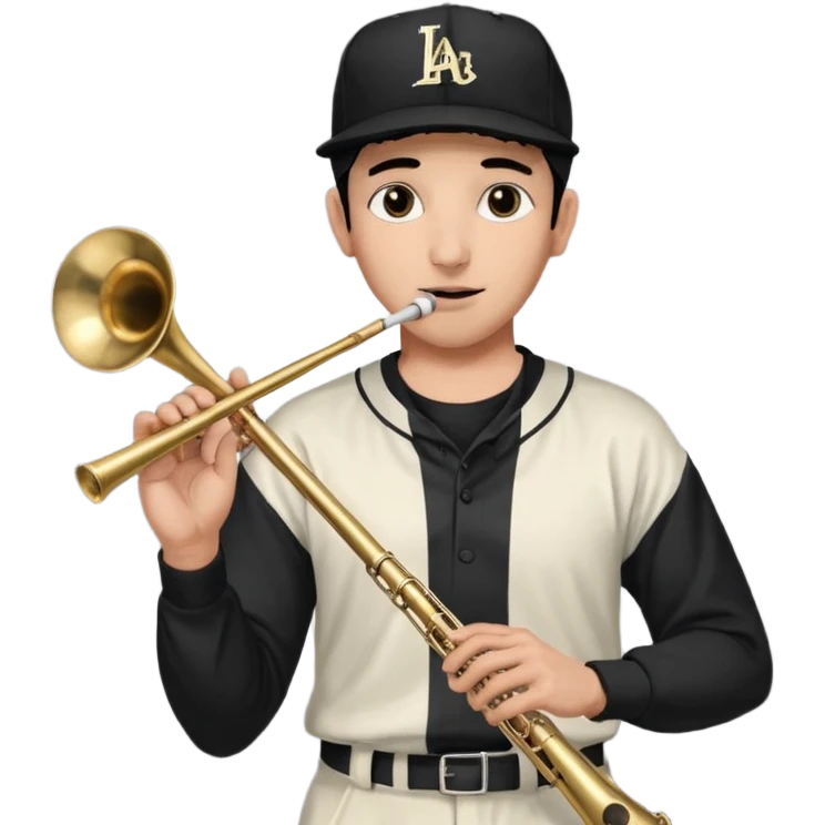 Un señor tocando el trombón (viendo hacia arriba, con los ojos cerrados), que tenga una gorra de béisbol negra de LOS ANGELES (LA), vestido todo de negro emoji