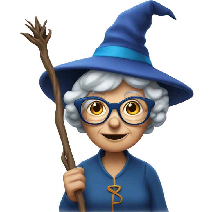 smart granny witch with glasses and blue hat holding wand emoji