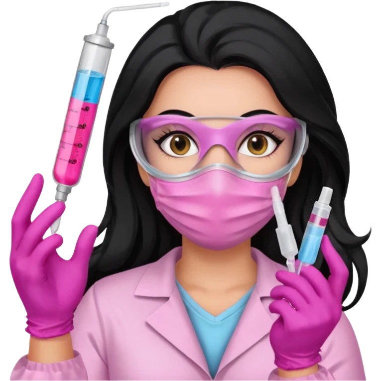 laboratorista con guantes rosa y mascarilla rosa  jeringa tubos  pelo negro largo triguella emoji
