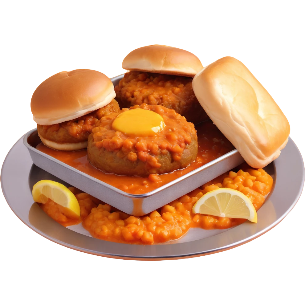 3D illustration of pav bhaji on shiny stainless steel plate with thick orange-red bhaji topped with a cube of melting butter, two fluffy buttered pav buns, chopped onions, lemon wedge, bright vibrant colors, soft shadows, isometric or slightly top-down view, plain warm-toned background emoji