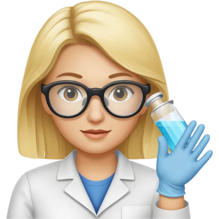 Eine hellblonde Chemikerin mit Kittel, Handschuhen, großer Labor-Sicherheitsbrille und typischem Erlmeyerkolben in der Hand emoji