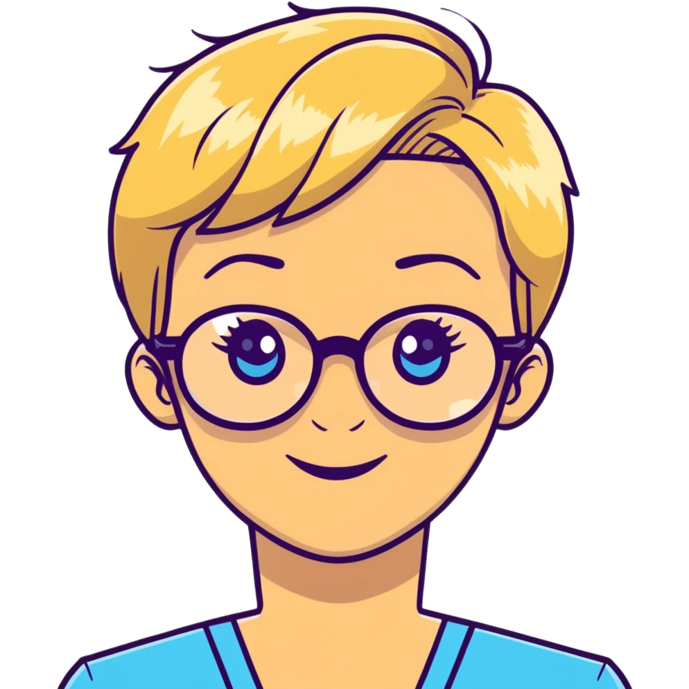 blonde teacher with pixie haircut, gold glasses, blue eyes, big eyelashes, nice smile emoji