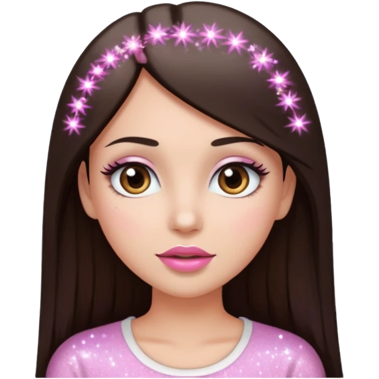 A young woman with long straight dark bown hair, big brown eyes, long eyelashes, pink lips, wearing a plain white top, in emoji style with sparkles in her hair emoji