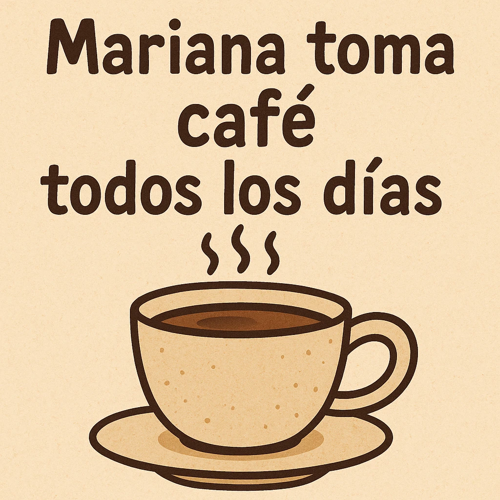 a general style illustration of a coffee cup with the phrase 'mariana toma café todos los días' with legible text emoji