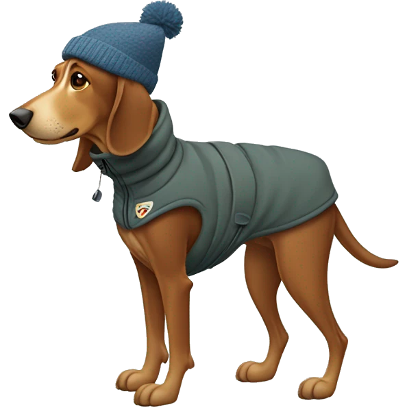 Brown hound on two legs with jackets pants and hat skiing  emoji