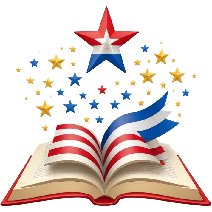 Scenic design book with Puerto Rican flag colors and pattern flowing through its pages, theater stage elements and flag's star incorporated into book design emoji
