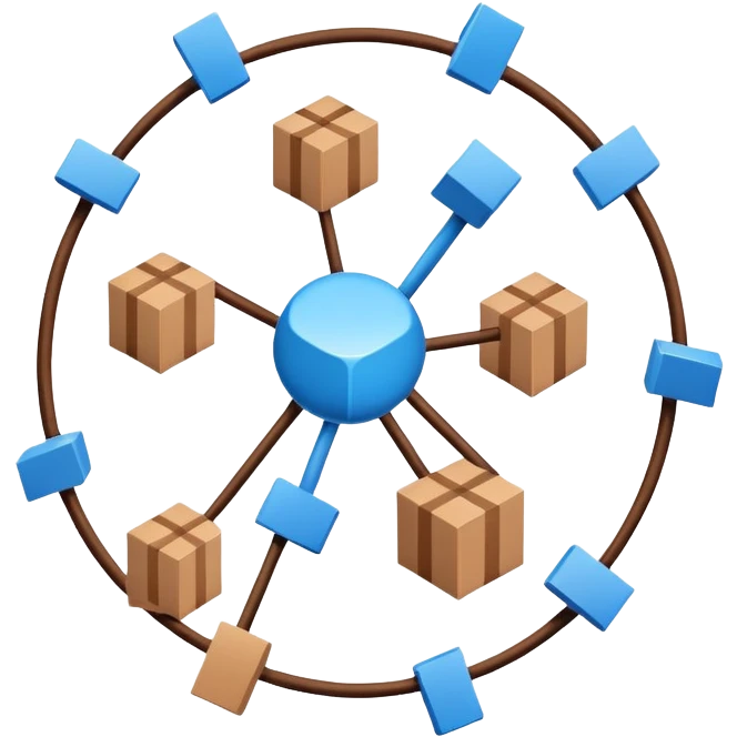 network in a circle form with blue color and realistic brown boxes at intersection points emoji