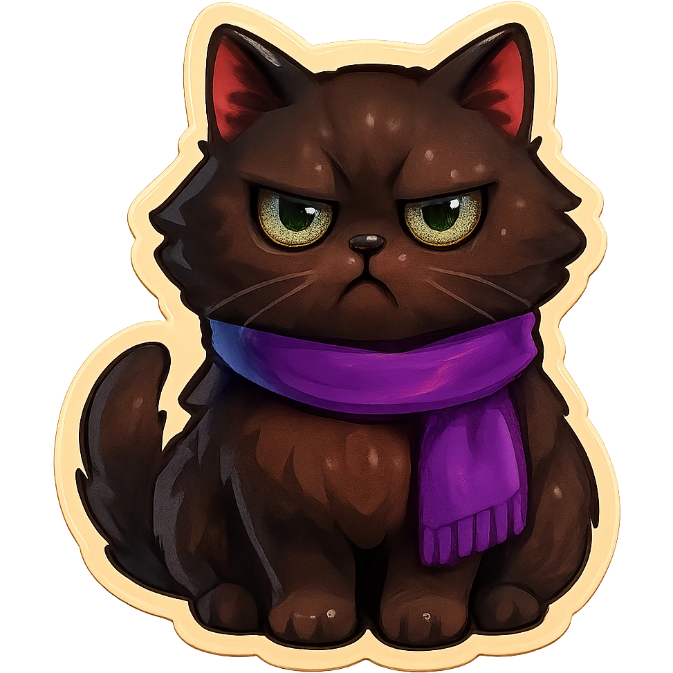 Fluffy grumpy cute dark-brown cat with green eyes and a purple scarf emoji