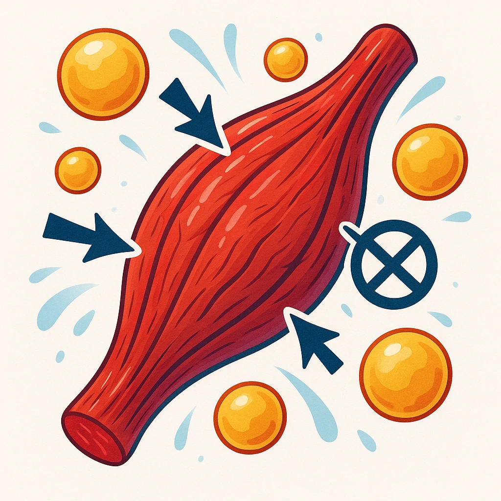 muscles with very low oxidative capacity, fat molecules around struggling to enter the muscle, modern illustrative style inspired by DALL·E 3, vivid and contrasting colors, realistic and creative details, arrows or symbols showing difficulty of entry, clean atmosphere, white background emoji