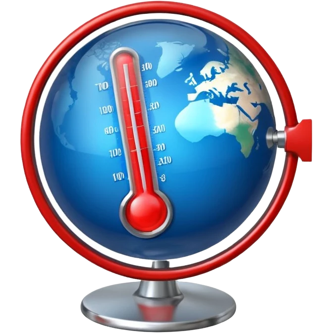 Blue Earth sphere, tilted. Prominent, oversized, fiery red thermometer/gauge, embedded. Indicator peaking 'danger' zone emoji
