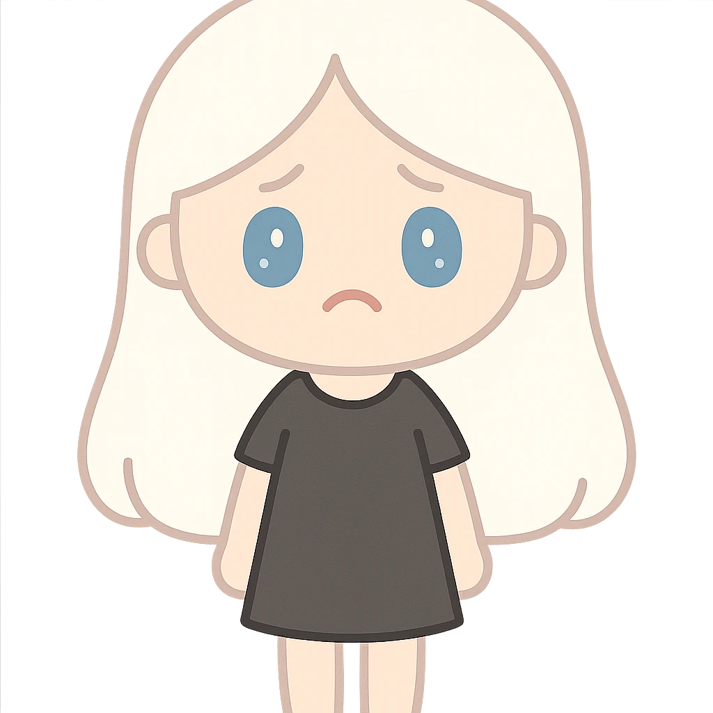 A girl with long white hair, blue eyes, sad and tired, wearing a black dress. emoji