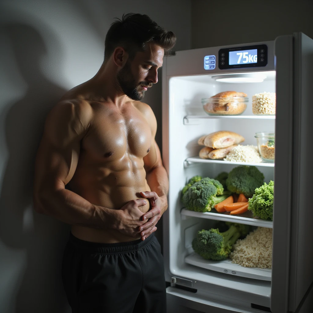 hyperrealistic 4K image of a man in sports clothes leaning against the fridge clutching his stomach, scale with '75kg' visible, open fridge full of chicken, rice, broccoli emoji