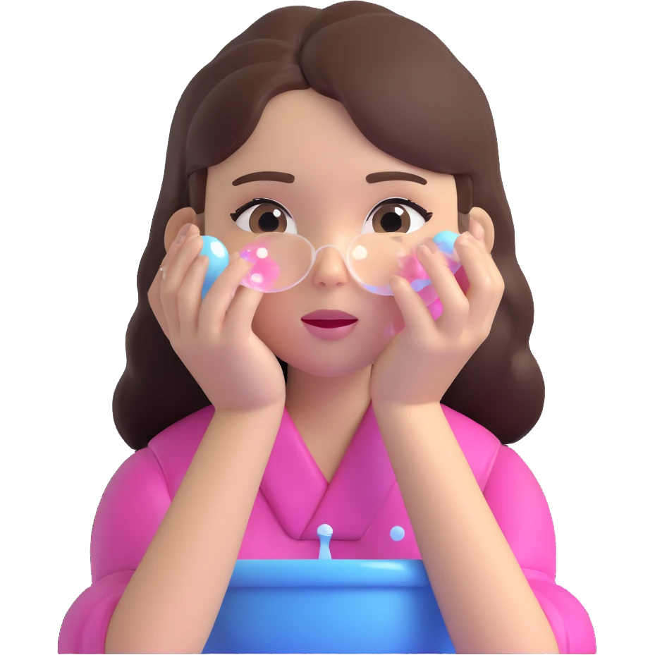 brunette girl washing her face with bubbles emoji