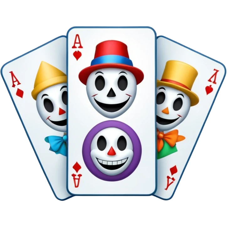 bunch of 3 poker cards, with crazy colorful human jolly jokers inside, inversed face, cuphead style emoji
