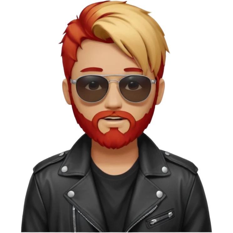 generate an ios genmoji of a 20 year old tan boy with black sunglasse Wearing a leather jacket. Has a dyed blonde beard and veryyyyy long red emoji