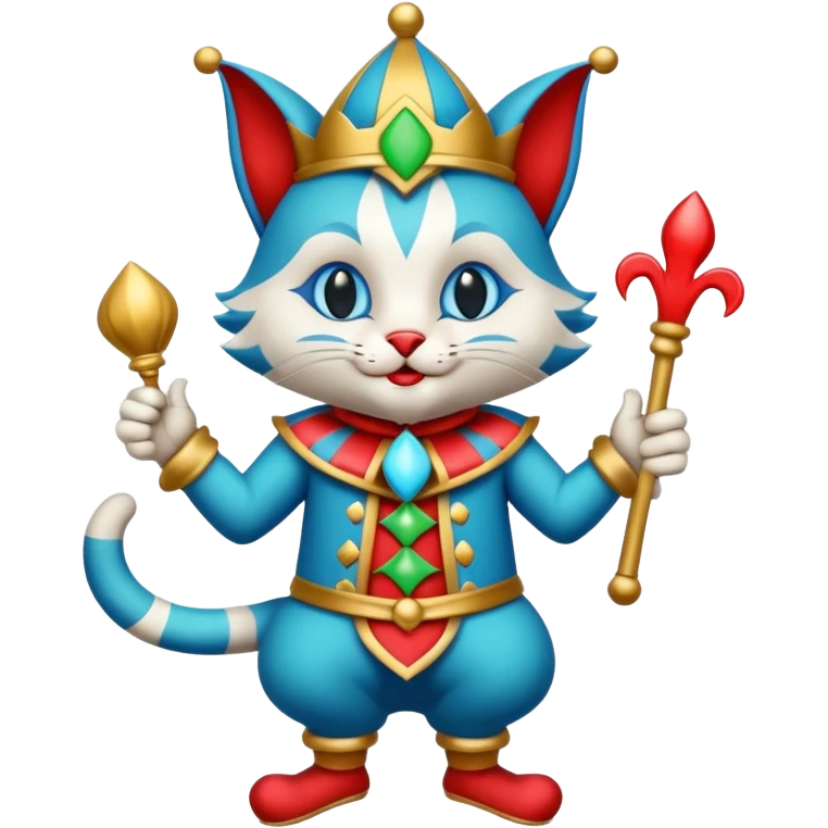 crazy colorful cute little cat jolly joker from poker, medieval, vintage, court jester, mac os icon, blue color, full body emoji