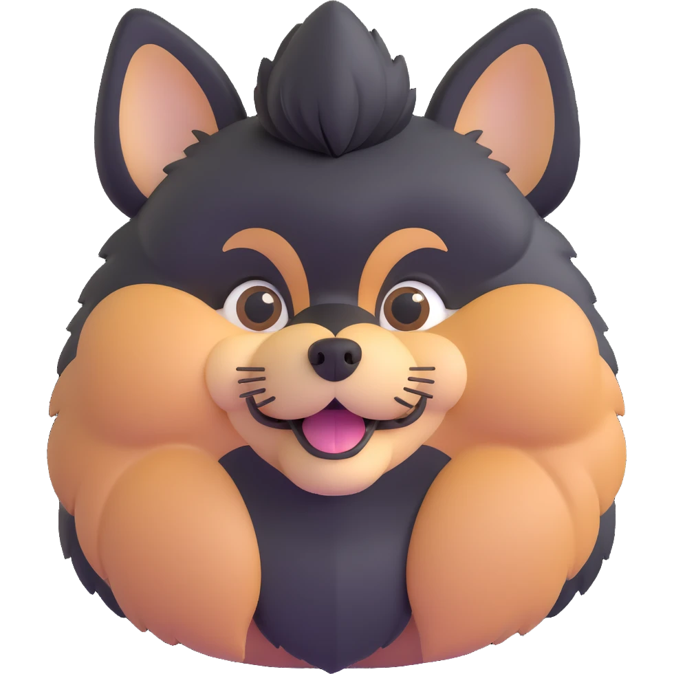 fluffy black and tan Pomeranian dog face, big dark eyes, black button nose, tan muzzle, tan eyebrow spots, thick fluffy fur, upright triangular ears with gray tips, friendly and cute emoji
