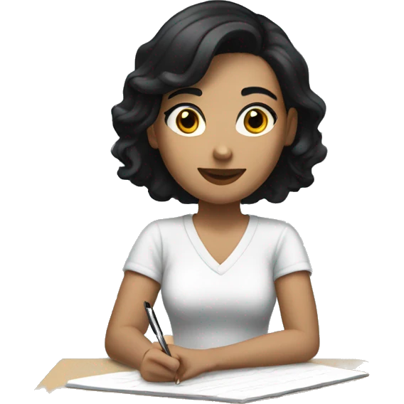 white woman with short black hair writing  a notebook emoji