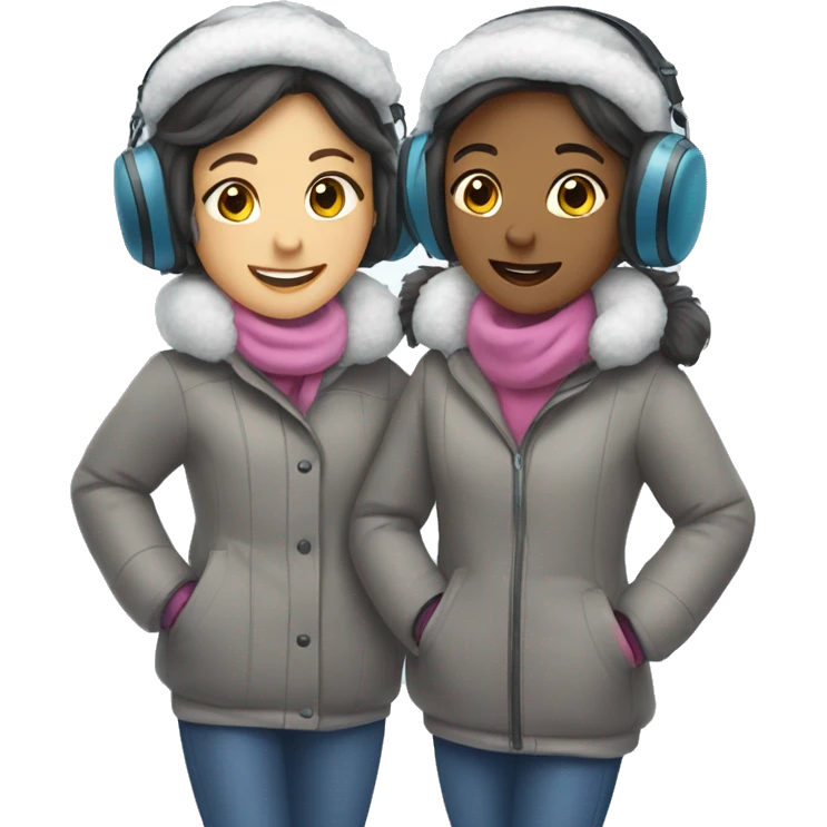 two girls in earmuffs and puffy coats going ice skating emoji