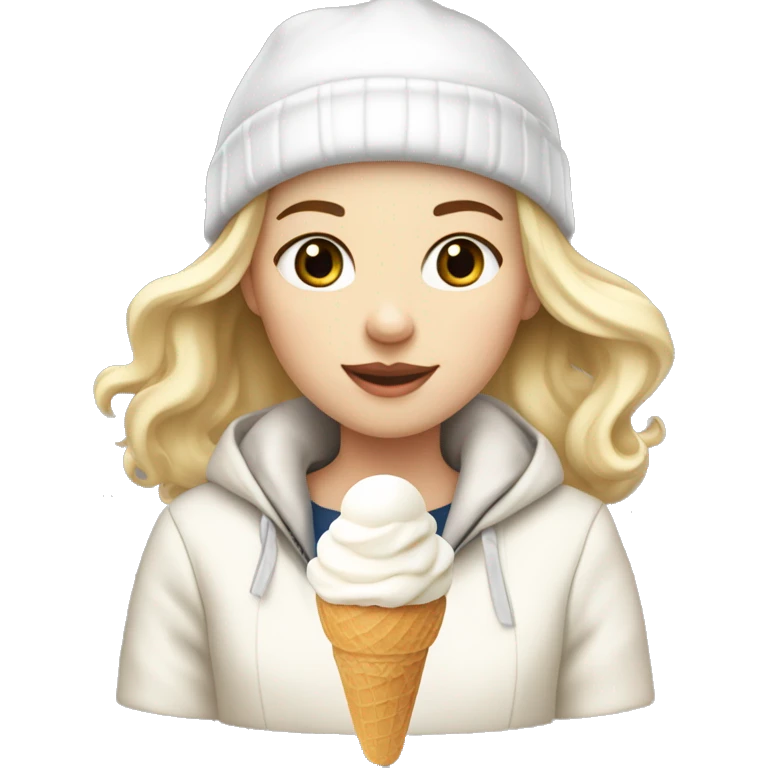 A girl with pale skin holding a vannila ice cream with a white jacket and a white beanie emoji