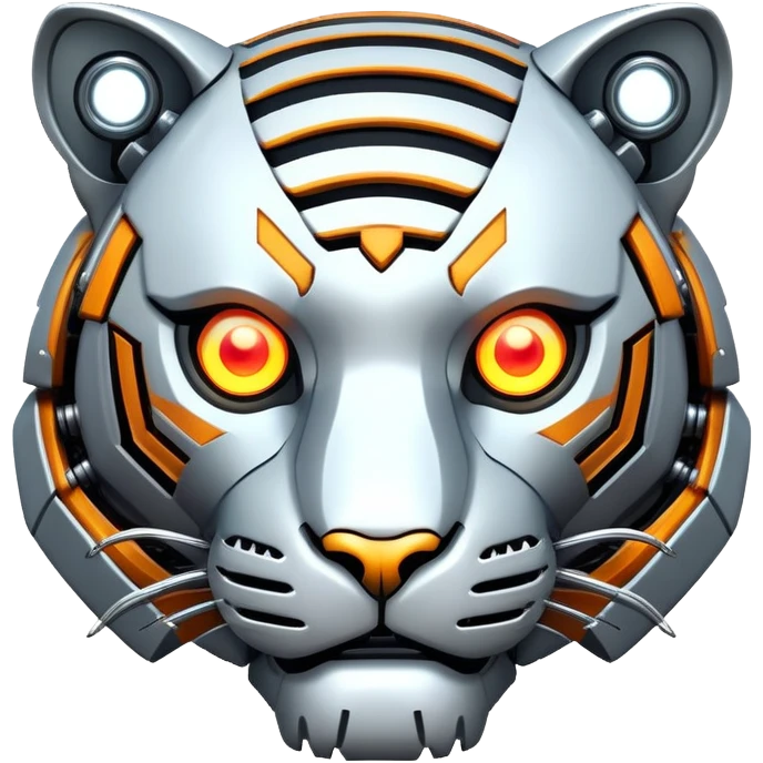 robot tiger face with mechanical parts and glowing eyes for Twitch emote emoji