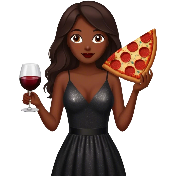 Beautiful woman in 1950’s woman fashion look, black shimmery dress, long dark brown hair, red wine, Pepperoni pizza emoji