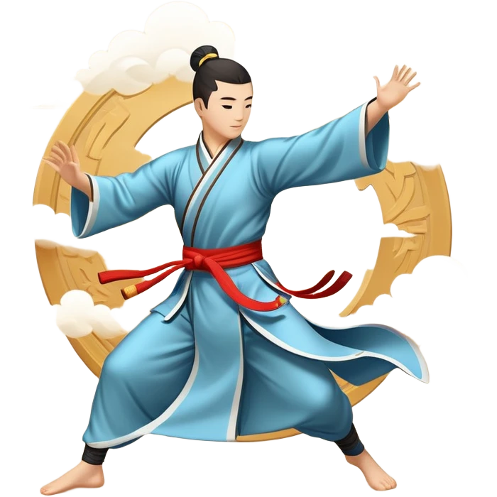 Emblem symbolizing Wushu martial arts. A graceful martial artist performs a dynamic kung fu pose, with flowing movements and a long, elegant robe. The background features stylized clouds and traditional Chinese symbols, representing fluidity, balance, and precision. Transparent background. emoji