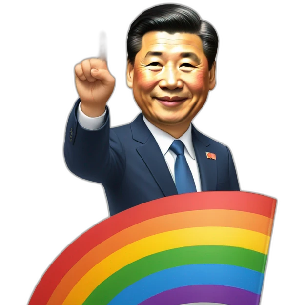 xi jinping smiling and waving rainbow flag into olympic fire emoji