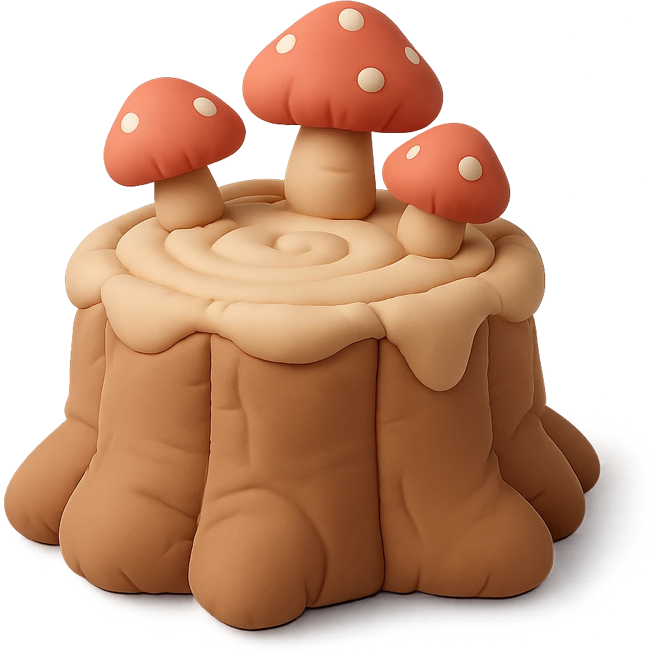 a tree stump cake topped with mushrooms, forest dessert concept, cushion style emoji