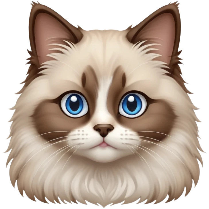 cinematic-fluffy-brown-ragdoll-cat-portrait-emoji,-head-tilted-cutely-with-big,-sparkling-blue-eyes,-soft-brown-and white-colored-fur-with-darker-points-on-the-ears,-face,-and-paws,-simplified-yet-irresistibly-adorable-features, emoji