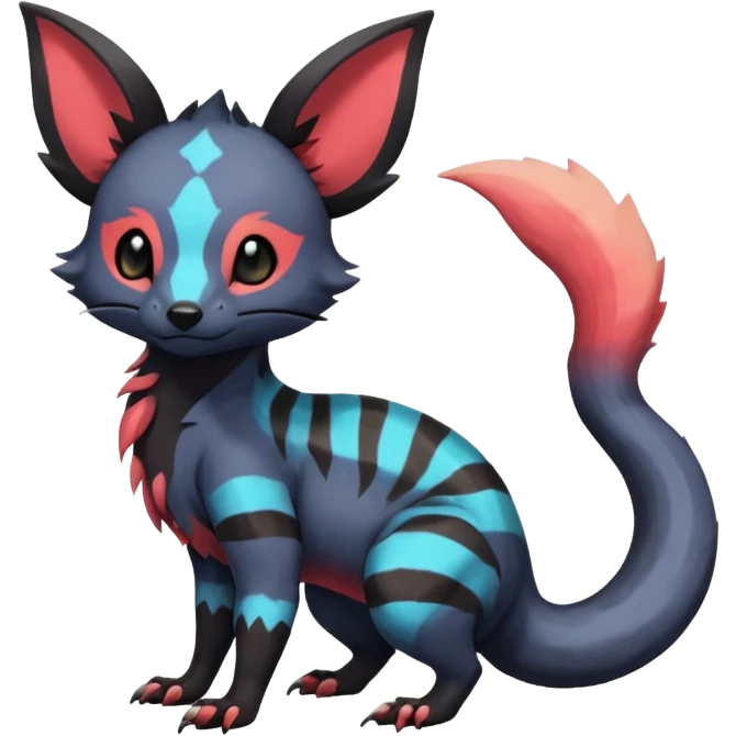 Rare exotic cute epic aesthetic gothic colorful Salandit-Eevee-Civet-species-Fakemon-hybrid-creature, with markings, full body emoji