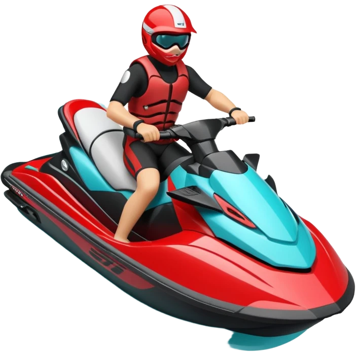 jet ski (red black and white all in the same amount. maybe a red a bit more dominant) on the sea. show the sea under the jet ski - blue with turquoise. no sky - white background instead. DO NOT REMOVE THE SEA AND THE WHITE WHEN FINALIZING!  NO ONE IS ON THE JET SKI  emoji