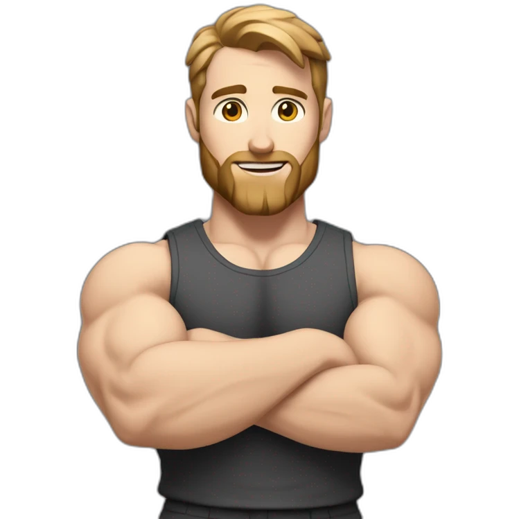 Close up Actively gesturing  with hands Pale skinned Fit Man With the biceps and brown hair in dark gray Sleeveless Mike, black oversize sports shorts, watch and white Sneakers emoji