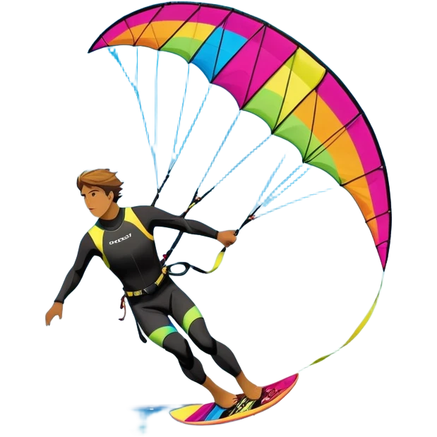 A vibrant kite soaring high in the sky, attached to a kiteboarder riding the waves below. The scene is filled with bright colors, capturing the energy of the sport. The background features the ocean, wind-blown waves, and a clear sky, showcasing the excitement and freedom of kiting. emoji