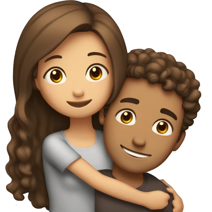 Girl with long straight brown hair hugging a guy with short curly brown hair emoji