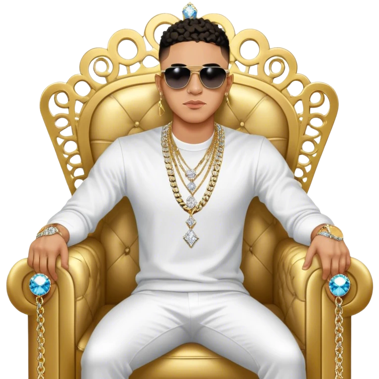 Celebrity millionaire entrepreneur Josh King Madrid, designer fit, 3 diamond sparkling tennis chains, seated on a massive gold throne, sunglasses on, lightskin tan tone, diamond sparkle earrings, private jet behind him emoji