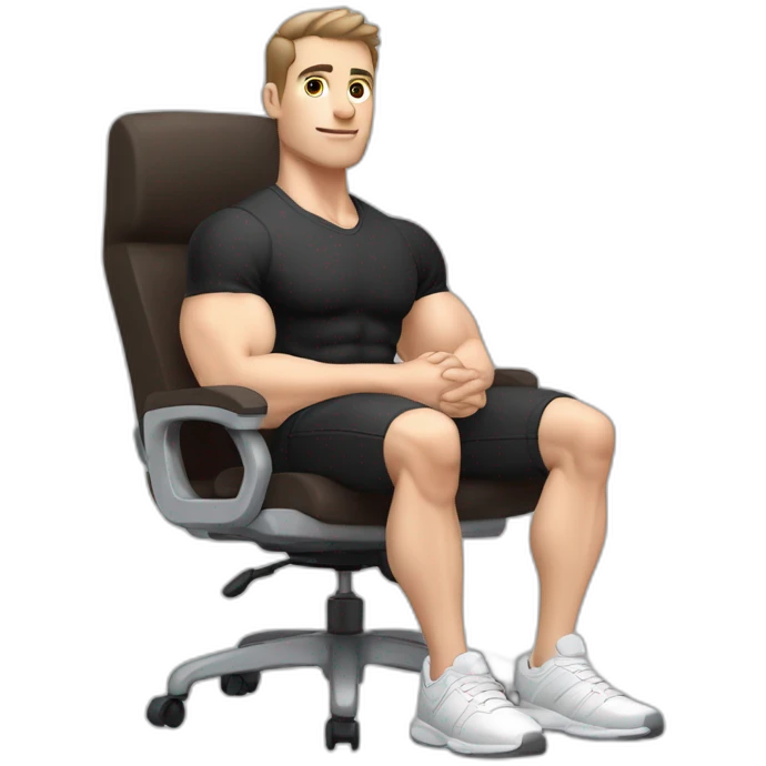 Pale skinned Fit Man With the biceps and dark brown hair in black shirt, gray sports shorts and white Sneakers Sitting on a chair emoji