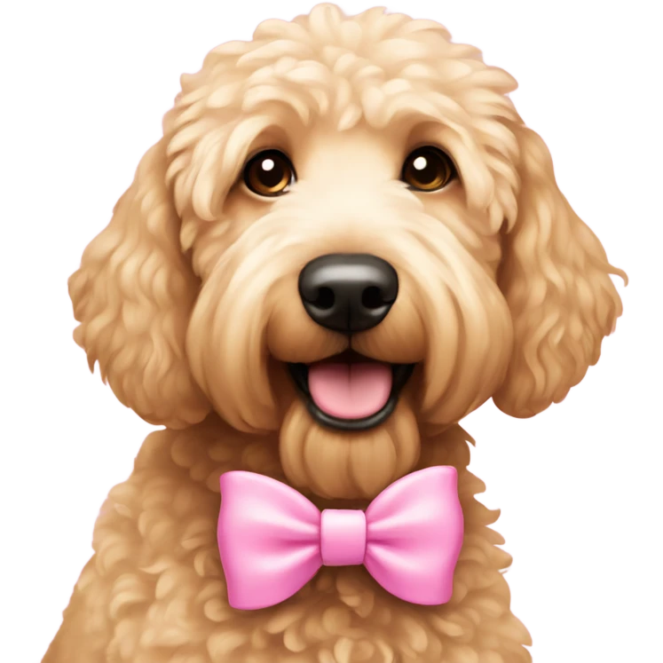 Light colored Golden doodle wearing pink bows emoji