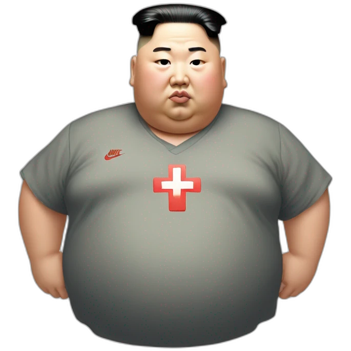 super fat Kim jong un wear shirt with a white cross which is NIKE LOGO emoji