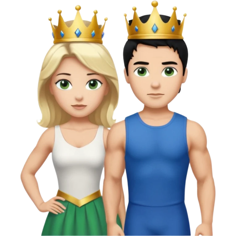 Prince with crown, black hair, body, legst, blue eyes, woman blonde hair, green eyes, sexy white short sleveless dress,  emoji