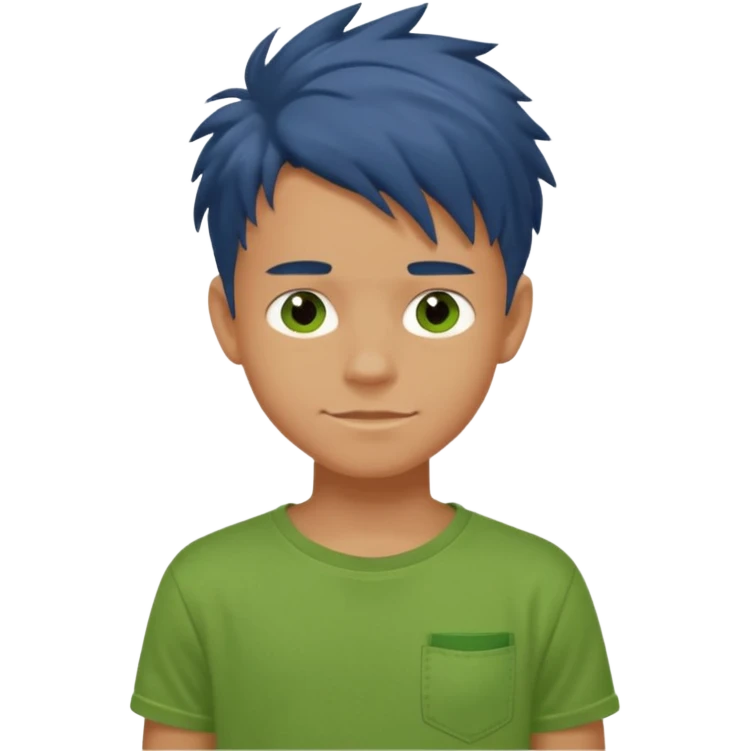 A 14 yerar old teenage boy, slightly tanned, wearing a green tshirt (no shirt pocket), blue jeans and green sneakers with brown tousled hair, smirking emoji