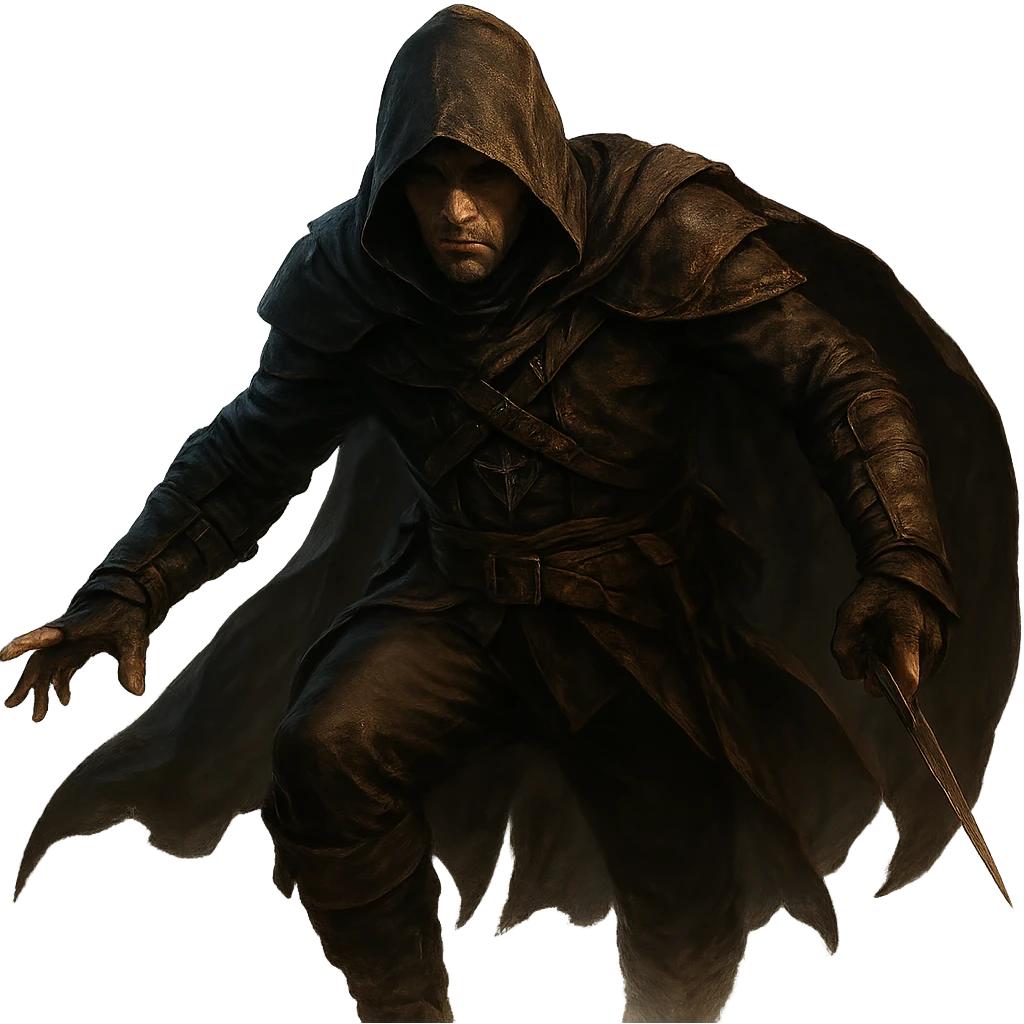 a man wearing assassin's clothing, mysterious hood, stealthy, dramatic pose, fantasy style, detailed, cinematic lighting emoji