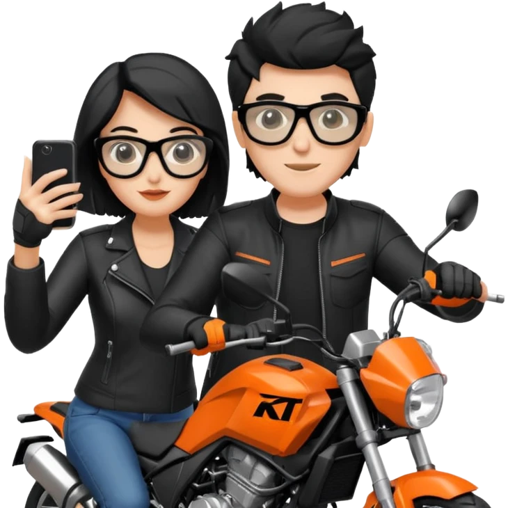 una pareja montada en una moto, cierto que el muchacho sea un morenito que vaya manejando su moto con su casco y la muchacha que sea blanca, o sea de la mujer que sea blanca, pelo negro con gafas y vaya tomándose una selfie, van los dos montados en la moto la moto es KTM DUKE NG200 emoji