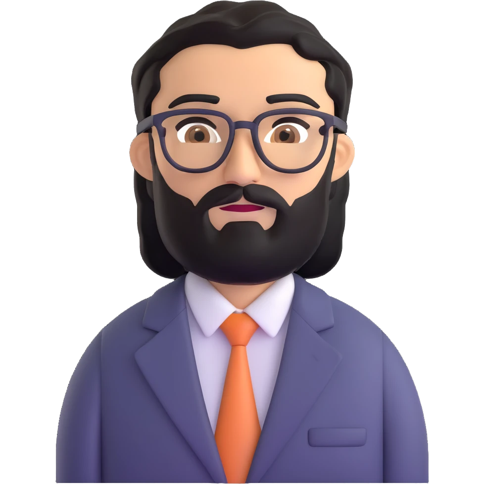 man with medium black beard, black hair, connected unibrow, olive tan skin, brown eyes, glasses, wearing a professional business suit emoji